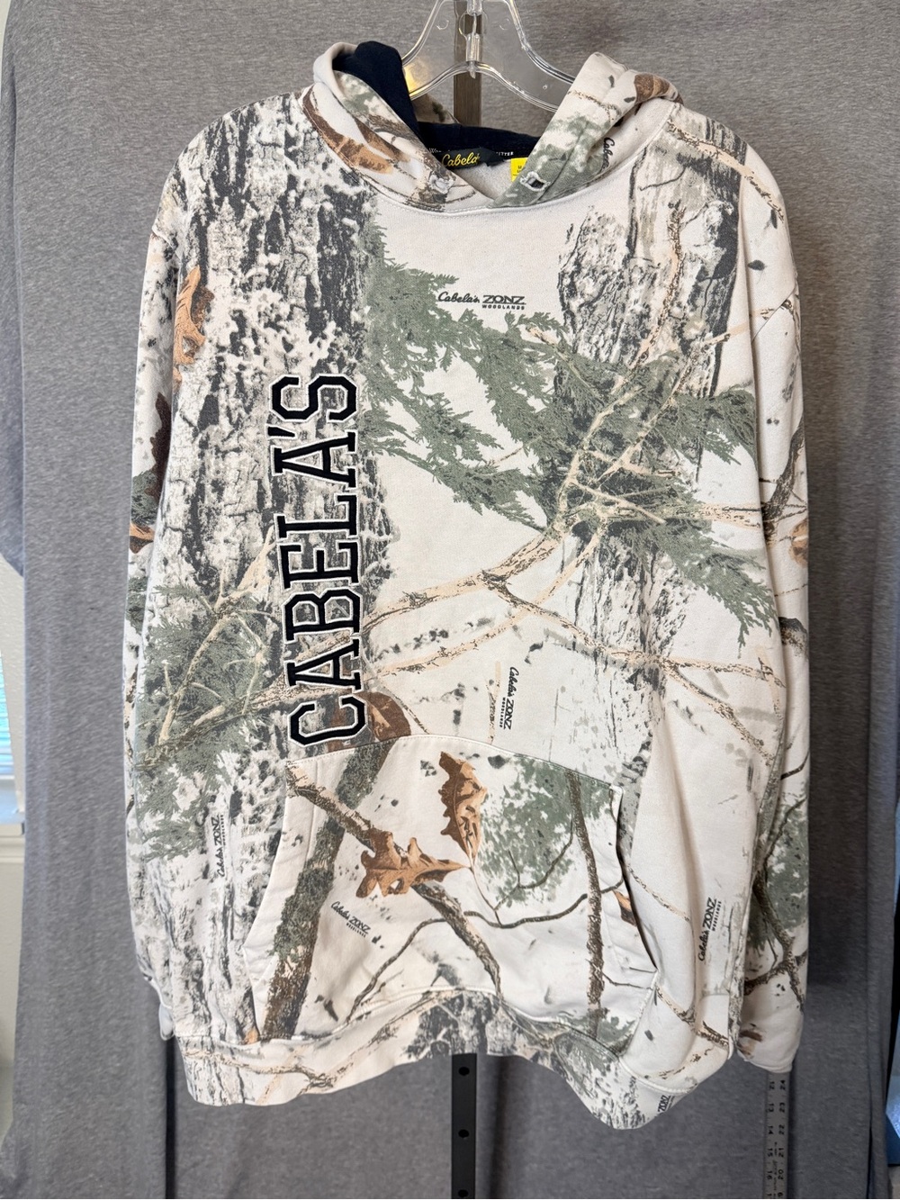 Cabela's White Camo Pullover Hoodie with Green & Brown Accents